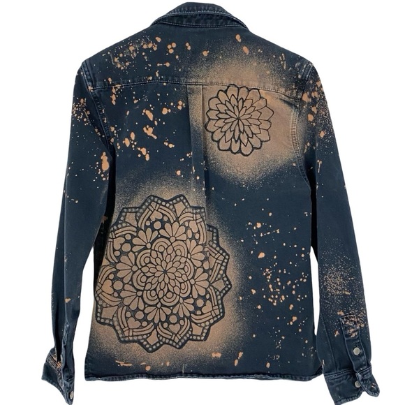 Reworked Boho Denim Jean Shirt Jacket Shacket Womens Size Small Unisex Mandala - Picture 2 of 9